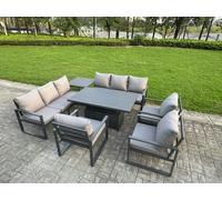 Fimous 7 Piece Garden Furniture Set 9-Seater Aluminium Outdoor Dining Set with Adjustable Rising Lifting Dining Table & Cushions Side Table 3 Chairs D