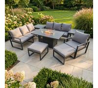 Fimous 9 Seater Aluminium Garden Furniture Set with Gas Fire Pit Dining Table, 2 Sofas, 2 Side Tables, 2 Footstools & 1 Chair - Dark Grey