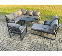 Fimous 9 Seater Aluminium Outdoor Garden Furniture Set Patio Lounge Sofa with Oblong Coffee Table Chair Big Footstool Dark Grey