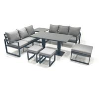 Fimous 9 Seater Aluminium Outdoor Garden Furniture Set with Adjustable Rising Lifting Dining Table 3 Footstools Side Table Dark Grey