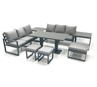 Fimous 9 Seater Aluminium Outdoor Garden Furniture Set with Adjustable Rising Lifting Dining Table 3 Seater Sofa 3 Footstools 2 Side Tables Dark Grey