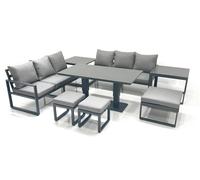 Fimous 9 Seater Aluminium Outdoor Garden Furniture Set with Adjustable Rising Lifting Dining Table 3 Footstools 2 Side Tables Dark Grey