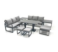 Fimous 9 Seater Aluminium Outdoor Garden Furniture Set with Adjustable Rising Lifting Dining Table 3 Footstools 2 Side Tables Dark Grey
