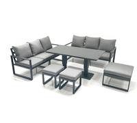 Fimous 9 Seater Aluminium Outdoor Garden Furniture Set with Adjustable Rising Lifting Dining Table 3 Footstools Dark Grey