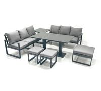 Fimous 9 Seater Aluminium Outdoor Garden Furniture Set with Adjustable Rising Lifting Dining Table 3 Footstools Side Table Dark Grey
