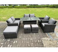Fimous 9 Seater Dark Grey Mixed High Back Rattan Sofa Set Dining Table Garden Furniture Outdoor With Arm Chair Love Seat