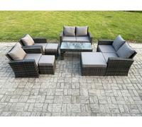 Fimous 9 Seater Dark Grey Mixed High Back Rattan Sofa Set Coffee Table Garden Furniture Outdoor Patio With Love Sofa Arm Chairs 3 Footstools
