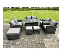 Fimous 9 Seater Dark Grey Mixed High Back Rattan Sofa Set Dining Table Garden Furniture Outdoor With Arm Chair Love Seat