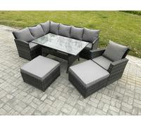 Fimous 9 Seater Dark Grey Mixed Rattan Outdoor Corner Sofa Set - Rectangular Dining Table, 2 Footstools & Armchair