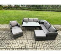 Fimous 9 Seater Dark Grey Mixed Rattan Outdoor Dining Set - Oblong/Rectangular Table, 3-Seater Sofa, 2 Footstools & Side Table