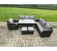 9 Seater Lounge Rattan Sofa Set Outdoor Garden Furniture Oblong Rectangular Dining Table With Adjustable Chair 2 Small Footstools Fimous Dark Grey One Size