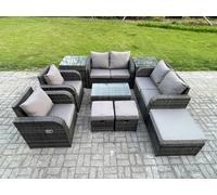 Fimous 9 Seater Dark Grey Mixed Rattan Outdoor Lounge Set - Rectangular Coffee Table, 3 Footstools, Loveseat & 2 Side Tables