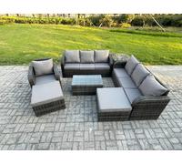 Fimous 9 Seater Dark Grey Mixed Rattan Outdoor Lounge Set - Rectangular Coffee Table, 3-Seater Sofa, 2 Big Footstools & Side Table