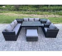 Fimous 9 Seater Dark Grey Mixed Rattan Outdoor Lounge Set - Rectangular Dining Table, 2 Armchairs, 2 Side Tables & Stool