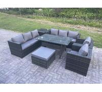 Fimous 9 Seater Dark Grey Mixed Rattan Outdoor Lounge Set - Rectangular Dining Table, 2 Armchairs & Footstool