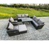 Fimous 9 Seater Dark Grey Mixed Rattan Outdoor Sofa Dining Set - 3-Seater Sofa, Rectangular Dining Table & Footstool