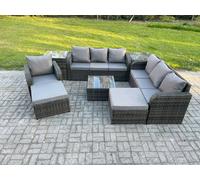 Fimous 9 Seater Dark Grey Mixed Rattan Outdoor Sofa Set - Coffee Table, Reclining Chair, 2 Big Footstools & 2 Side Tables