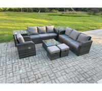 Fimous 9 Seater Dark Grey Mixed Rattan Outdoor Sofa Set - Conservatory Patio, Coffee Table, Reclining Chair, 2 Small Footstools & 2 Side Tables