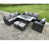 Fimous 9 Seater Rattan Garden Furniture Set Reclining Chair Lounge Sofa 3 Seater Sofa Set Outdoor Rectangular Dining Table