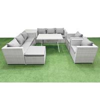 Fimous 9 Seater Garden Furniture Set PE Ratten Garden Sofa Set with Rectangular Dining Table Big Stool Side Table Light Grey