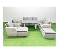 Fimous 9 Seater Garden Furniture Set PE Ratten Garden Sofa Set with Rectangular Dining Table 2 Big Stool 2 Side Tables Light Grey