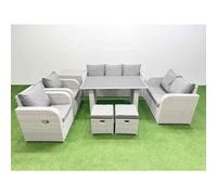 Fimous 9 Seater Garden Furniture Set PE Ratten Garden Sofa Set with Rectangular Dining Table 2 Small Stools Side Table Light Grey