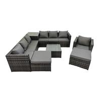 Fimous 9 Seater Garden Outdoor Rattan Furniture Set Patio Corner Sofa Coffee Table With Side Table 2 Big Stool Dark Grey