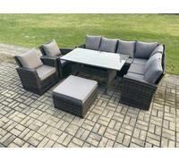 Fimous 9 Seater Garden Rattan Furniture Corner Sofa Dining Table Chairs Set with Big Footstool 2 Armchairs Indoor Outdoor Lounge Sofa Set