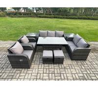 Fimous 9 Seater Garden Rattan Furniture Dining Table Sofa Set Indoor Outdoor With 2 Reclining Chairs 2 Side Tables Footstools