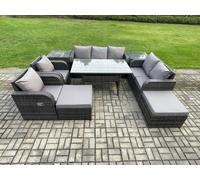 Fimous 9 Seater Garden Rattan Furniture Dining Table Sofa Set Indoor Outdoor with 2 Reclining Chairs 2 Side Tables 2 Big Footstool Dark Grey Mixed