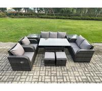 Fimous 9 Seater Garden Rattan Furniture Dining Table Sofa Set Indoor Outdoor with 2 Reclining Chairs 2 Side Tables 2 Small Footstools Dark Grey Mixed