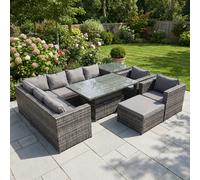 Fimous 9 Seater Rattan Garden Furniture Set with Height Adjustable Rising Dining Table, Corner Sofa, Stool & Side Table - Dark Grey Mixed