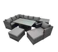 Fimous 9-seater Height Adjustable Rising Lifting Table Corner Sofa Set Rattan Garden Furniture Dining Set with Side Table 2 Big Stool Dark Grey Mixed Dark Grey