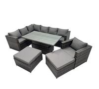 Fimous 9-Seater Height Adjustable Rising Lifting Table Corner Sofa Set Rattan Garden Furniture Set With 2 Big Stool Dark Grey