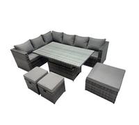 Fimous 9 seater Height Adjustable Rising Lifting Table Corner Sofa Set Rattan Garden Furniture Dining Set with 3 Stools Dark Grey Mixed