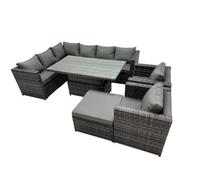 Fimous 9-Seater Height Adjustable Rising Lifting Table Corner Sofa Set Rattan Garden Furniture Set With Big Stool Dark Grey Mixed