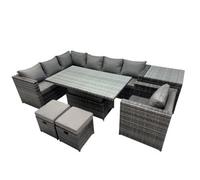 Fimous 9-Seater Height Adjustable Rising Lifting Table Corner Sofa Set Rattan Garden Furniture Set With 2 Small Stool Side Table