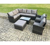 Fimous 9 Seater High Back Outdoor Garden Furniture Set Rattan Corner Sofa Set With Rectangular Coffee Table Big Footstool Dark Grey Mixed