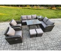 9 Seater High Back PE Rattan Sofa Set Outdoor Garden Furniture Dining Table Set With Reclining Chair 3 Seater Sofa Fimous Dark Grey One Size