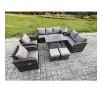 Fimous 9 Seater High Back PE Rattan Sofa Set Outdoor Garden Furniture Set With 2 Small Footstools Side Table