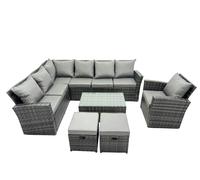 Fimous 9 Seater High Back Rattan Garden Furniture Set Corner Sofa With Oblong Coffee Table Footstool With Chair