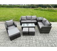 Fimous 9 Seater High Back Rattan Garden Furniture Set with Loveseat Sofa Rectangular Coffee Table Side Table 3 Footstools Indoor Outdoor Patio Lounge Sofa Set Dark Grey Mixed Dark Grey