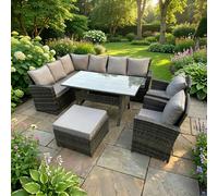 Fimous 9 Seater High Back Rattan Garden Furniture Set Corner Sofa With Rectangular Dining Table 2 Arm Chairs Big Footstool