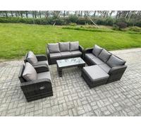 Fimous 9 Seater High Back Rattan Garden Furniture Set with Reclining Chair Rectangular Coffee Table Big Footstool Indoor Outdoor