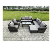9 Seater High Back Rattan Garden Furniture Set with Reclining Chair Rectangular Coffee Table Big Footstool Indoor Outdoor Patio Lounge Sofa Set Fimous Dark Grey One Size