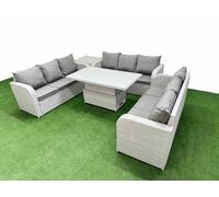 Fimous PE Rattan Lounge Sofa Set 9 Seater Outdoor Garden Furniture Set with Adjustable Lifting Dining or Coffee Table 3 Seater Sofa Side Table
