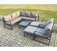 Fimous 9 Seater Outdoor Aluminium Garden Furniture Set Corner Lounge Sofa Set with Square Coffee Table 2 Big Footstools Dark Grey