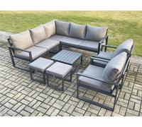 Fimous 9 Seater Outdoor Aluminium Garden Furniture Set Corner Lounge Sofa Set with Square Coffee Table 2 Small Footstools Dark Grey