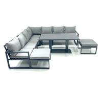Fimous 9 Seater Outdoor Aluminum Garden Furniture Set Corner Sofa 2 Big Footstools Adjustable Rising Lifting Dining Table Set