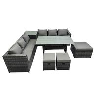 Fimous 9 Seater Outdoor Corner Sofa Dining Table Set Garden Rattan Furniture Set with Side Table 3 Stools Dark Grey